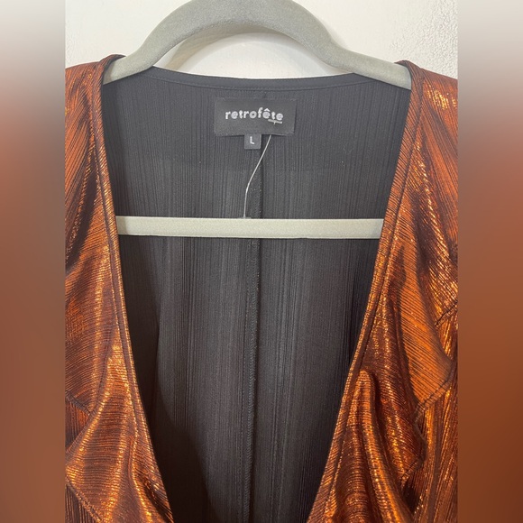 RETROFETE Fiona Metallic Ruffle Bodysuit Rust L $250 Plunge Puff Sleeve - Picture 6 of 10